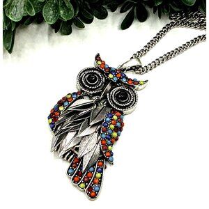 Colorful Owl Pendant Necklace With Silver-Tone Chain and Multicolor Beads Long S